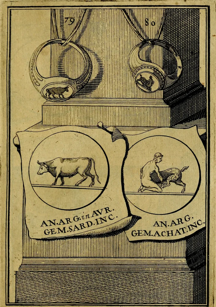 An illustration from Dactyliothecae, seu Annulorum sigillarium quorum priscos tam Graecos quam Romanos usus, ex ferro, aere, argento & auro promptuarii ... Collectis aliunde & ineditis & editis annulorum figuris auctior;, 1695, leaf 164