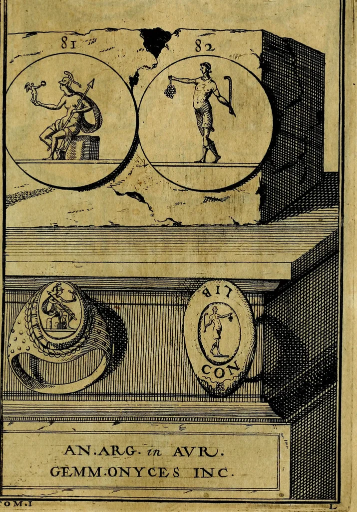 An illustration from Dactyliothecae, seu Annulorum sigillarium quorum priscos tam Graecos quam Romanos usus, ex ferro, aere, argento & auro promptuarii ... Collectis aliunde & ineditis & editis annulorum figuris auctior;, 1695, leaf 166