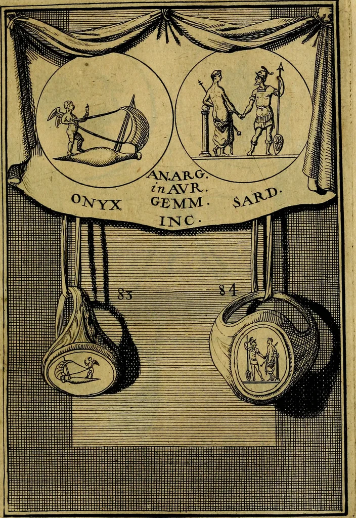 An illustration from Dactyliothecae, seu Annulorum sigillarium quorum priscos tam Graecos quam Romanos usus, ex ferro, aere, argento & auro promptuarii ... Collectis aliunde & ineditis & editis annulorum figuris auctior;, 1695, leaf 168