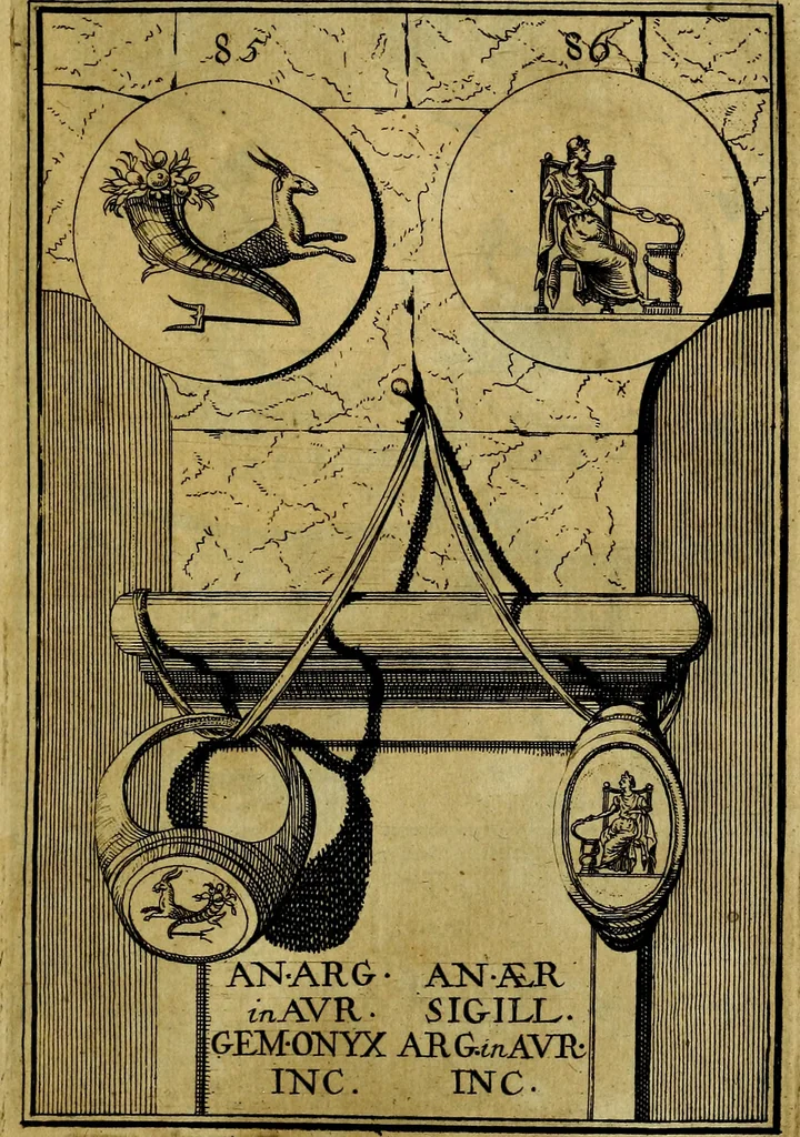 An illustration from Dactyliothecae, seu Annulorum sigillarium quorum priscos tam Graecos quam Romanos usus, ex ferro, aere, argento & auro promptuarii ... Collectis aliunde & ineditis & editis annulorum figuris auctior;, 1695, leaf 170