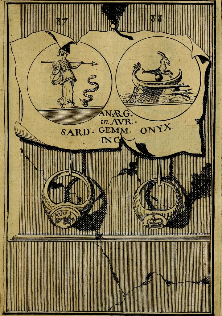 An illustration from Dactyliothecae, seu Annulorum sigillarium quorum priscos tam Graecos quam Romanos usus, ex ferro, aere, argento & auro promptuarii ... Collectis aliunde & ineditis & editis annulorum figuris auctior;, 1695, leaf 172