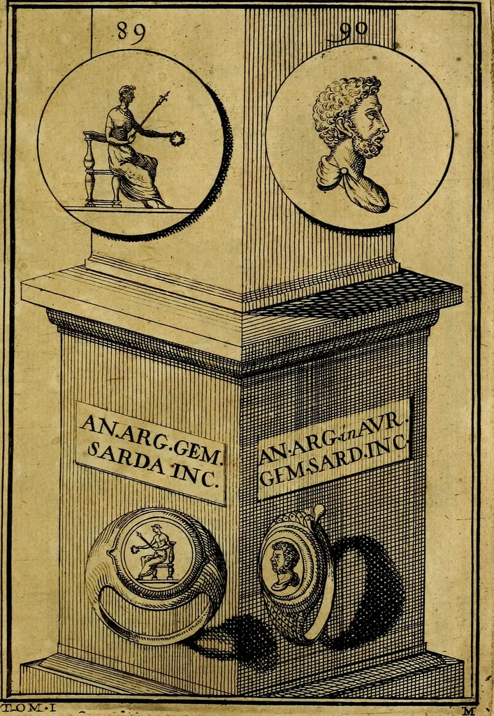 An illustration from Dactyliothecae, seu Annulorum sigillarium quorum priscos tam Graecos quam Romanos usus, ex ferro, aere, argento & auro promptuarii ... Collectis aliunde & ineditis & editis annulorum figuris auctior;, 1695, leaf 174