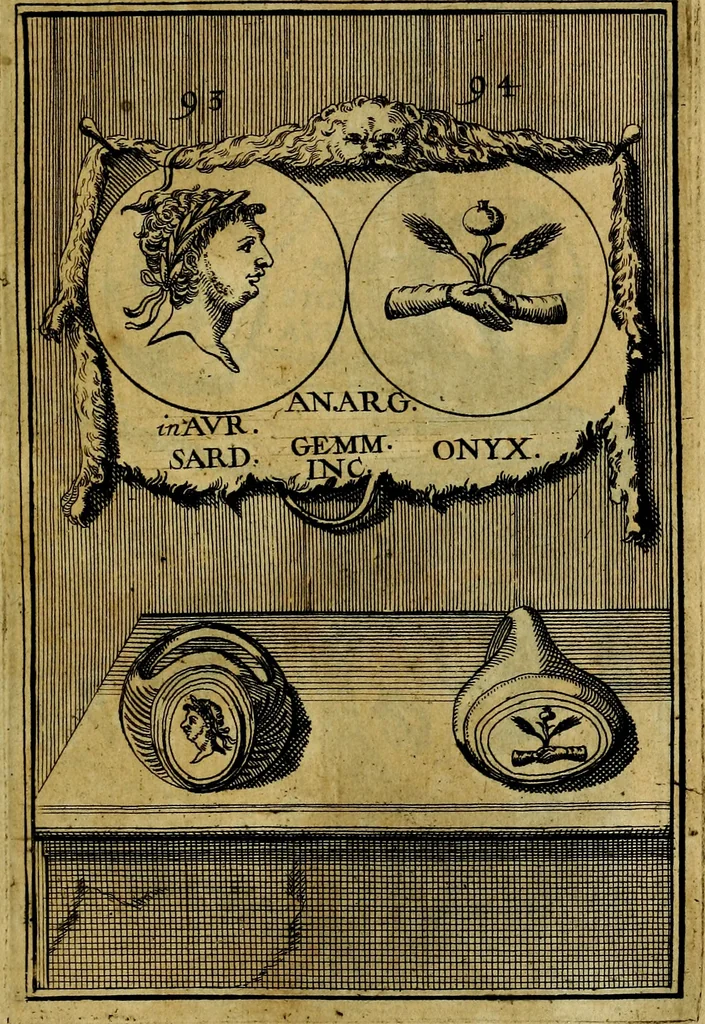 An illustration from Dactyliothecae, seu Annulorum sigillarium quorum priscos tam Graecos quam Romanos usus, ex ferro, aere, argento & auro promptuarii ... Collectis aliunde & ineditis & editis annulorum figuris auctior;, 1695, leaf 178