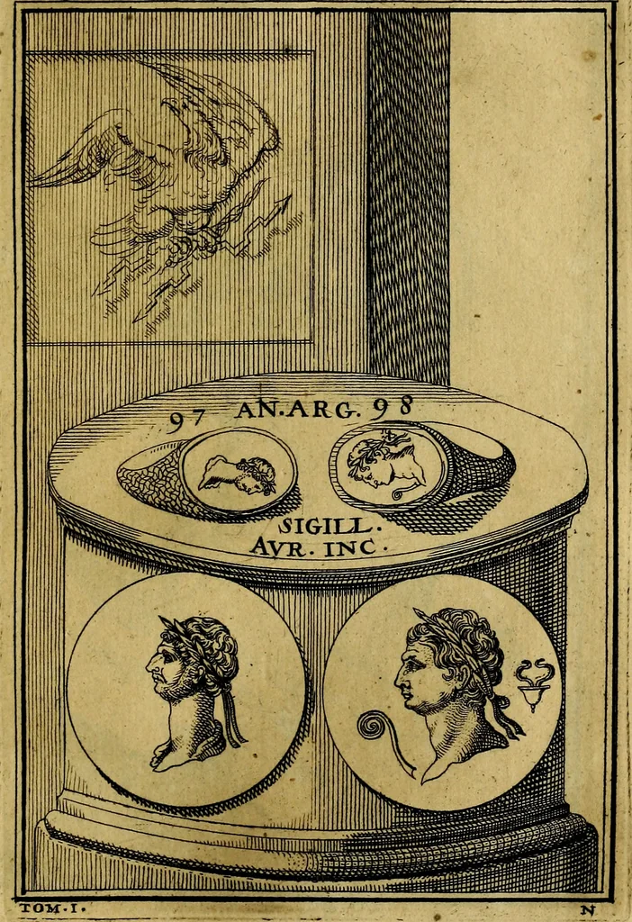 An illustration from Dactyliothecae, seu Annulorum sigillarium quorum priscos tam Graecos quam Romanos usus, ex ferro, aere, argento & auro promptuarii ... Collectis aliunde & ineditis & editis annulorum figuris auctior;, 1695, leaf 182
