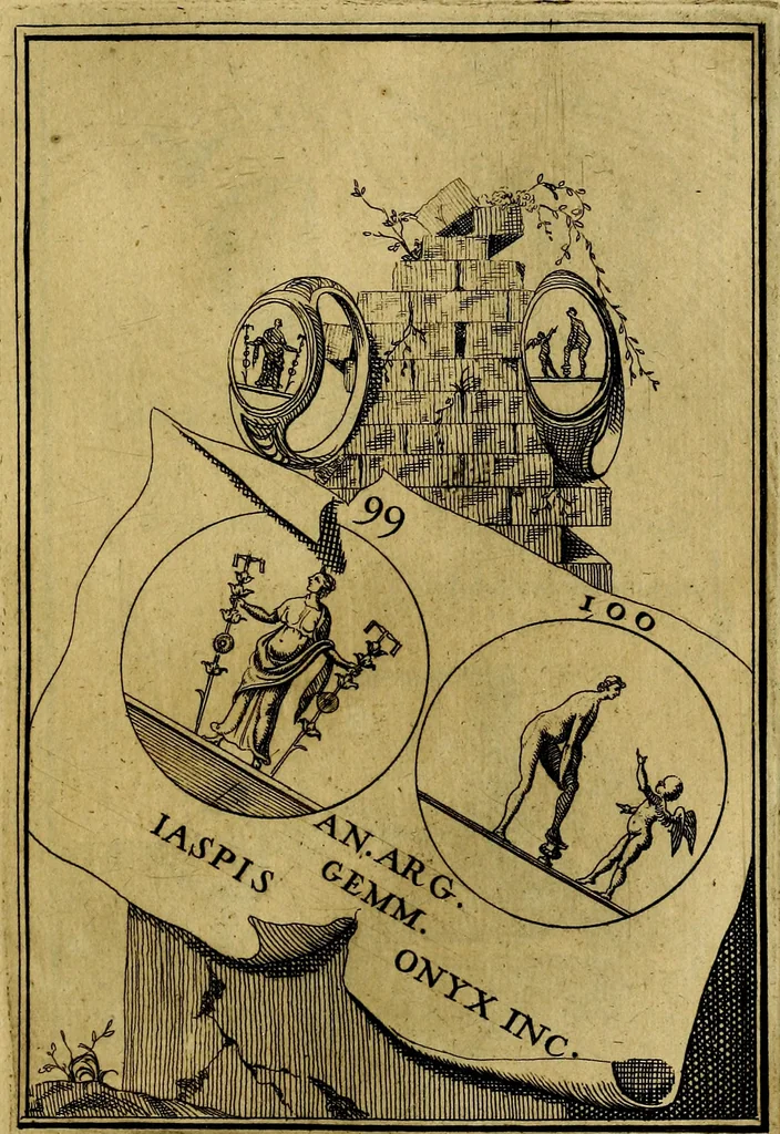 An illustration from Dactyliothecae, seu Annulorum sigillarium quorum priscos tam Graecos quam Romanos usus, ex ferro, aere, argento & auro promptuarii ... Collectis aliunde & ineditis & editis annulorum figuris auctior;, 1695, leaf 184