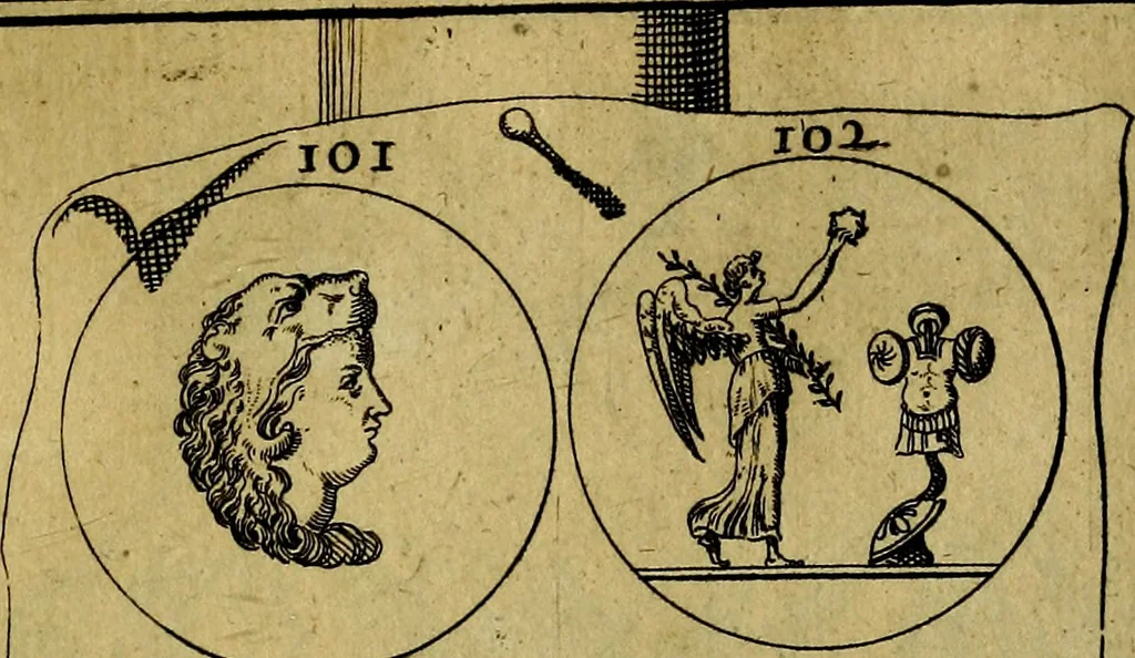 An illustration from Dactyliothecae, seu Annulorum sigillarium quorum priscos tam Graecos quam Romanos usus, ex ferro, aere, argento & auro promptuarii ... Collectis aliunde & ineditis & editis annulorum figuris auctior;, 1695, leaf 186