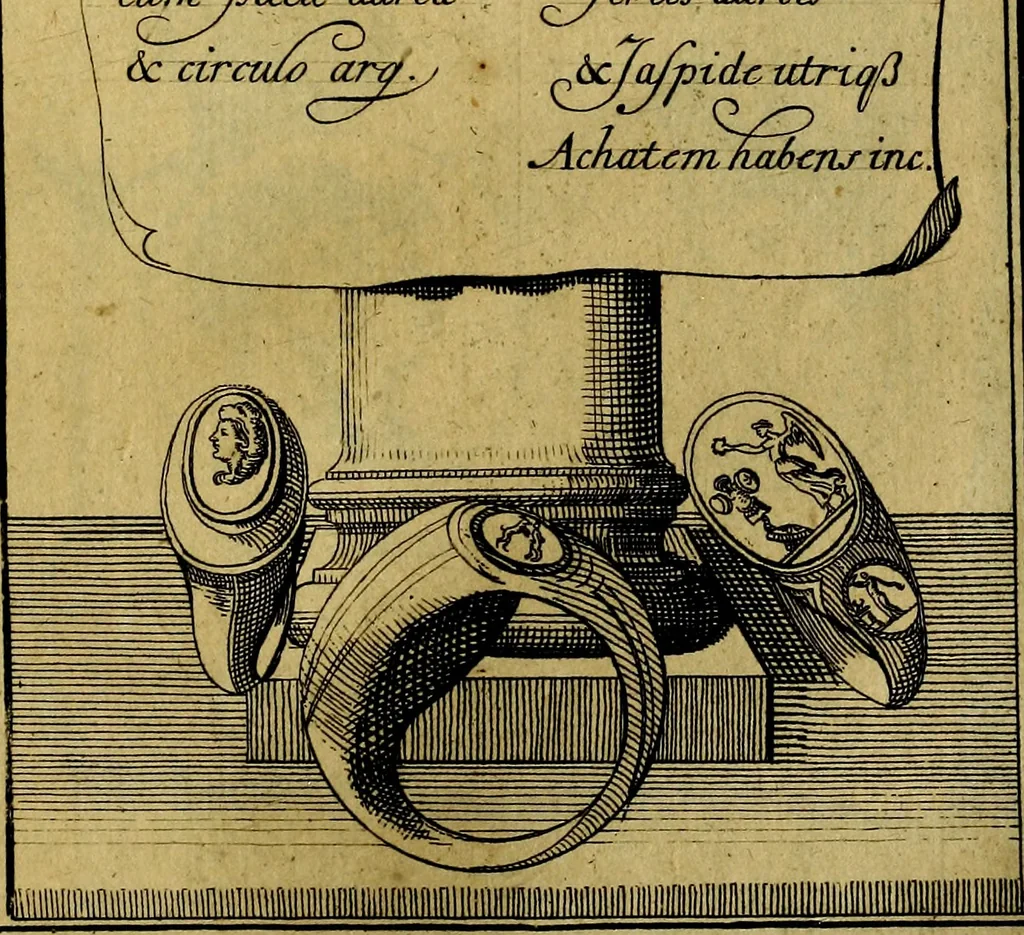 An illustration from Dactyliothecae, seu Annulorum sigillarium quorum priscos tam Graecos quam Romanos usus, ex ferro, aere, argento & auro promptuarii ... Collectis aliunde & ineditis & editis annulorum figuris auctior;, 1695, leaf 186