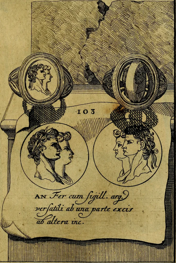 An illustration from Dactyliothecae, seu Annulorum sigillarium quorum priscos tam Graecos quam Romanos usus, ex ferro, aere, argento & auro promptuarii ... Collectis aliunde & ineditis & editis annulorum figuris auctior;, 1695, leaf 188