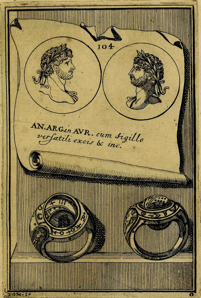 An illustration from Dactyliothecae, seu Annulorum sigillarium quorum priscos tam Graecos quam Romanos usus, ex ferro, aere, argento & auro promptuarii ... Collectis aliunde & ineditis & editis annulorum figuris auctior;, 1695, leaf 190