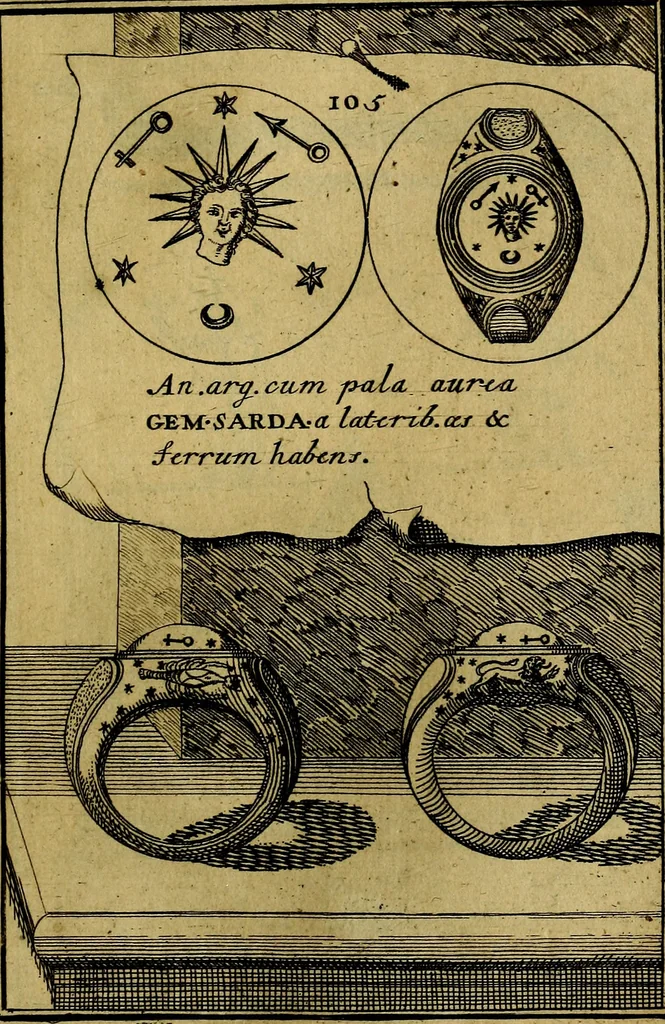 An illustration from Dactyliothecae, seu Annulorum sigillarium quorum priscos tam Graecos quam Romanos usus, ex ferro, aere, argento & auro promptuarii ... Collectis aliunde & ineditis & editis annulorum figuris auctior;, 1695, leaf 192