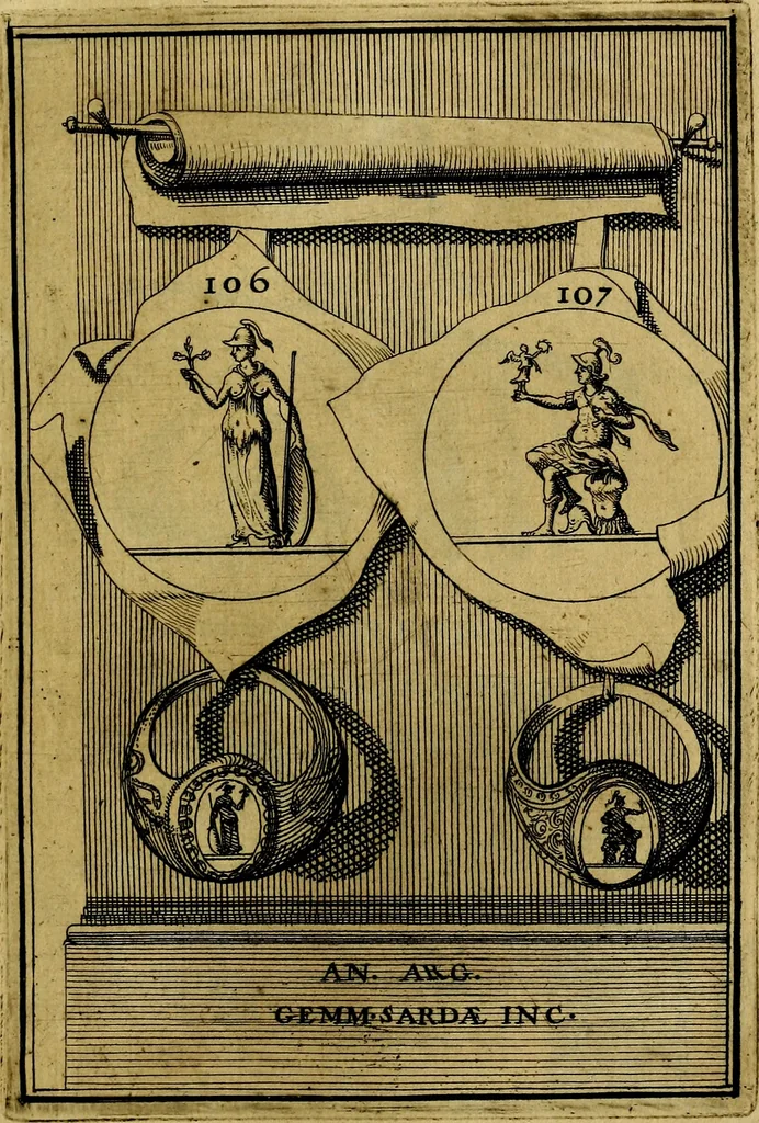 An illustration from Dactyliothecae, seu Annulorum sigillarium quorum priscos tam Graecos quam Romanos usus, ex ferro, aere, argento & auro promptuarii ... Collectis aliunde & ineditis & editis annulorum figuris auctior;, 1695, leaf 194