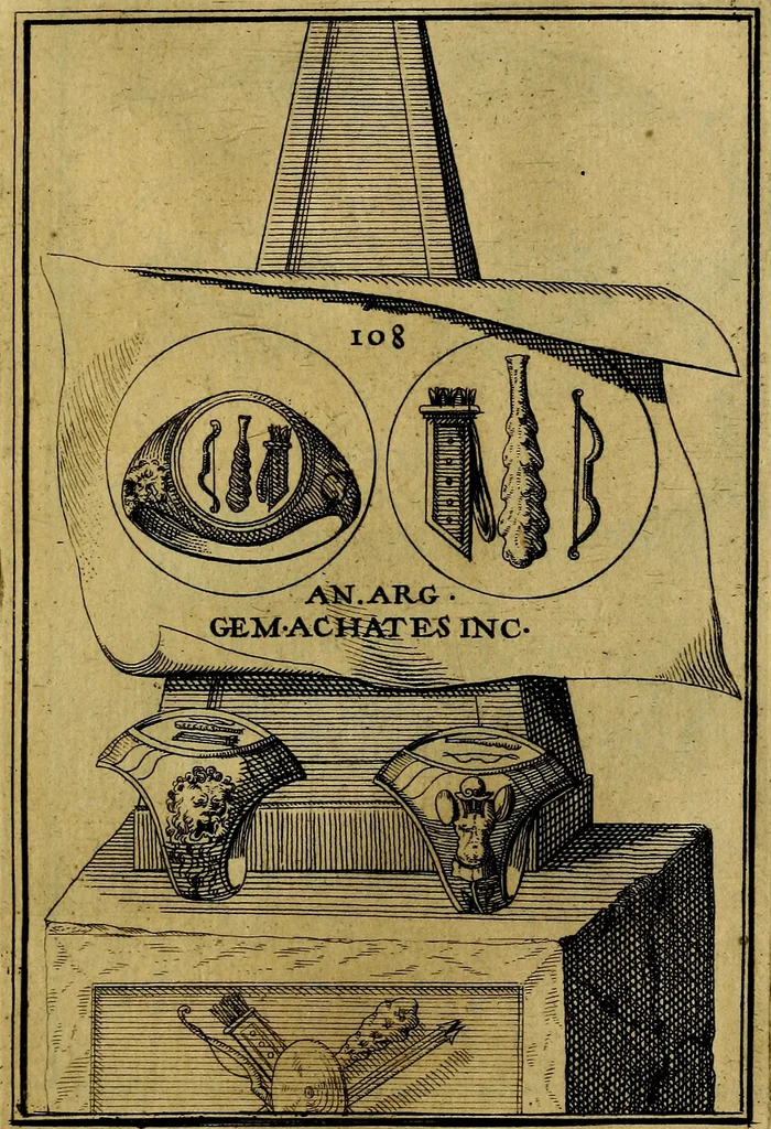 An illustration from Dactyliothecae, seu Annulorum sigillarium quorum priscos tam Graecos quam Romanos usus, ex ferro, aere, argento & auro promptuarii ... Collectis aliunde & ineditis & editis annulorum figuris auctior;, 1695, leaf 196