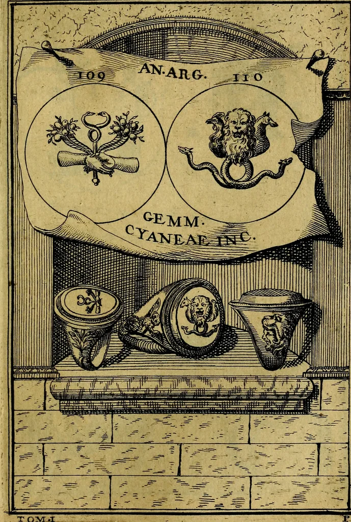 An illustration from Dactyliothecae, seu Annulorum sigillarium quorum priscos tam Graecos quam Romanos usus, ex ferro, aere, argento & auro promptuarii ... Collectis aliunde & ineditis & editis annulorum figuris auctior;, 1695, leaf 198