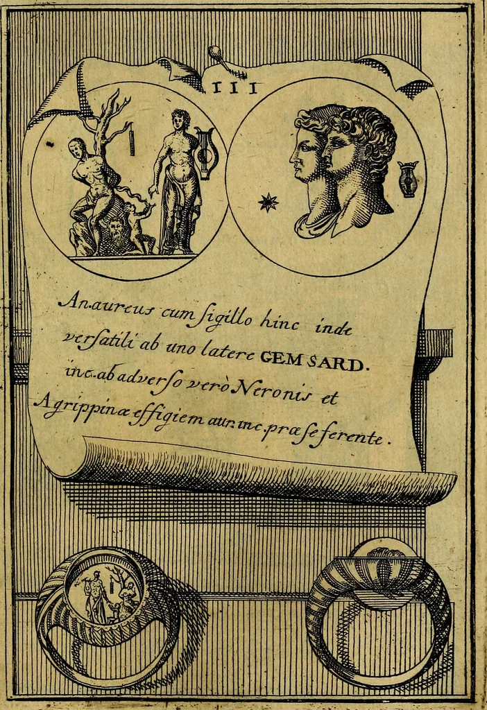An illustration from Dactyliothecae, seu Annulorum sigillarium quorum priscos tam Graecos quam Romanos usus, ex ferro, aere, argento & auro promptuarii ... Collectis aliunde & ineditis & editis annulorum figuris auctior;, 1695, leaf 200