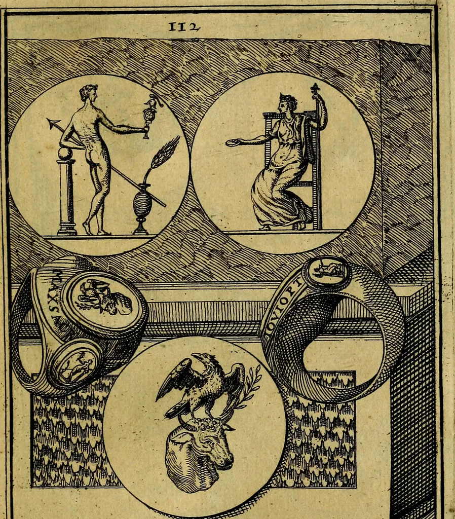 An illustration from Dactyliothecae, seu Annulorum sigillarium quorum priscos tam Graecos quam Romanos usus, ex ferro, aere, argento & auro promptuarii ... Collectis aliunde & ineditis & editis annulorum figuris auctior;, 1695, leaf 202