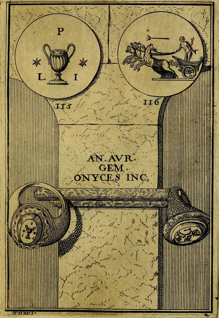 An illustration from Dactyliothecae, seu Annulorum sigillarium quorum priscos tam Graecos quam Romanos usus, ex ferro, aere, argento & auro promptuarii ... Collectis aliunde & ineditis & editis annulorum figuris auctior;, 1695, leaf 206