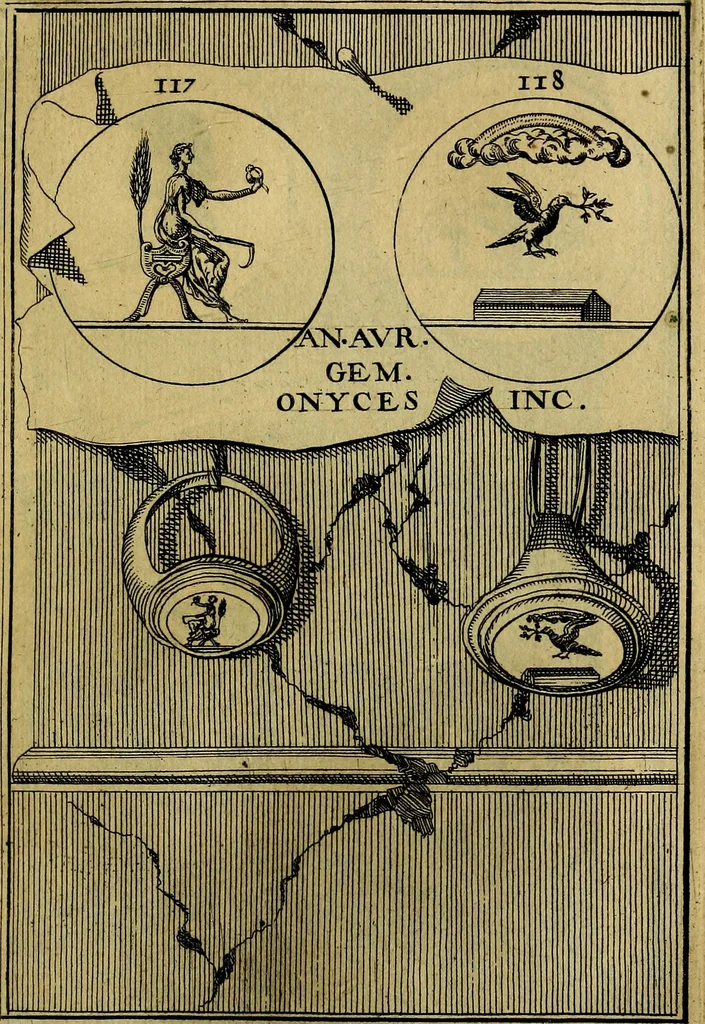 An illustration from Dactyliothecae, seu Annulorum sigillarium quorum priscos tam Graecos quam Romanos usus, ex ferro, aere, argento & auro promptuarii ... Collectis aliunde & ineditis & editis annulorum figuris auctior;, 1695, leaf 208