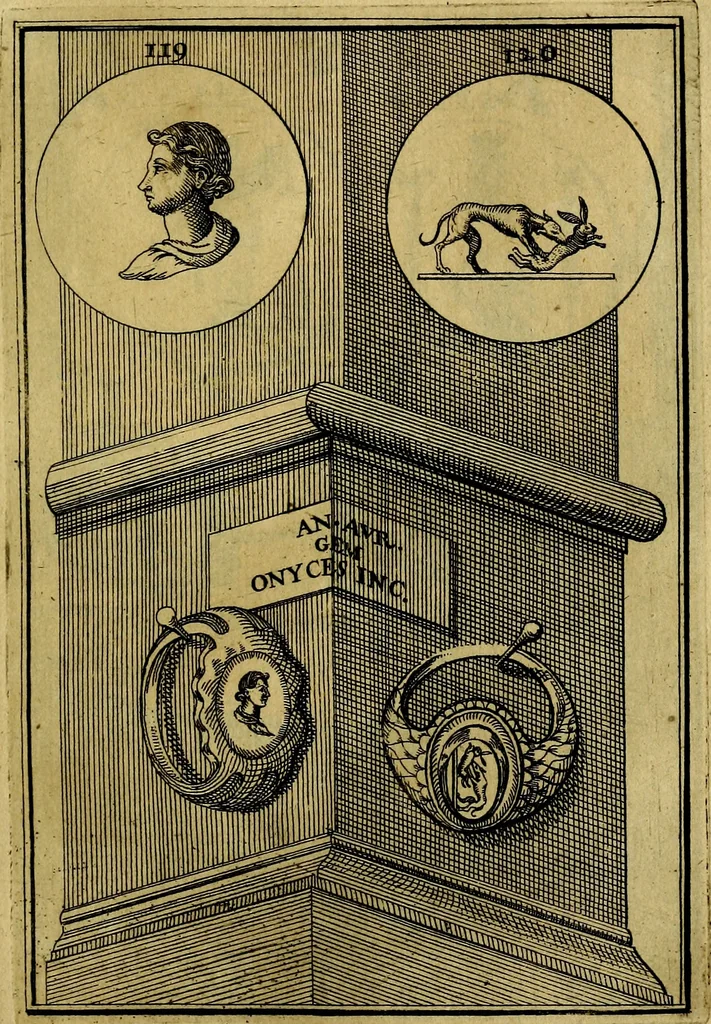 An illustration from Dactyliothecae, seu Annulorum sigillarium quorum priscos tam Graecos quam Romanos usus, ex ferro, aere, argento & auro promptuarii ... Collectis aliunde & ineditis & editis annulorum figuris auctior;, 1695, leaf 210