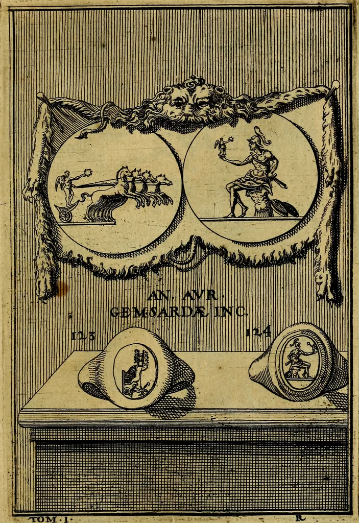 An illustration from Dactyliothecae, seu Annulorum sigillarium quorum priscos tam Graecos quam Romanos usus, ex ferro, aere, argento & auro promptuarii ... Collectis aliunde & ineditis & editis annulorum figuris auctior;, 1695, leaf 214