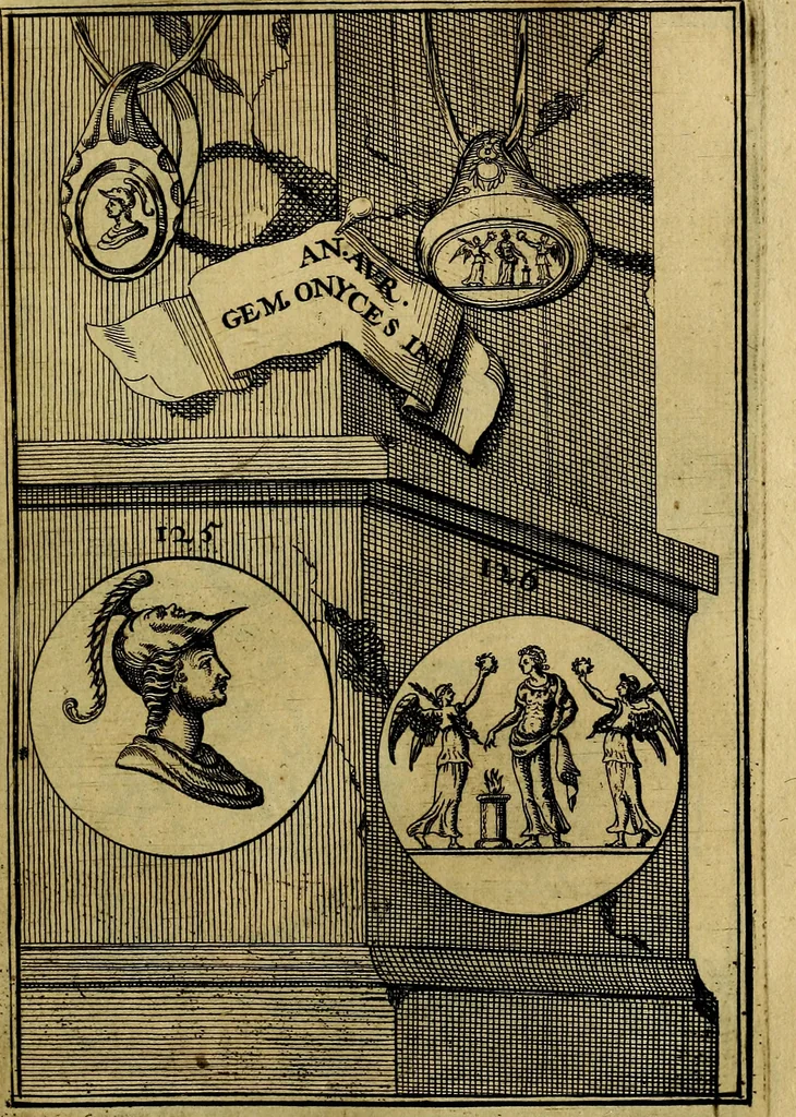 An illustration from Dactyliothecae, seu Annulorum sigillarium quorum priscos tam Graecos quam Romanos usus, ex ferro, aere, argento & auro promptuarii ... Collectis aliunde & ineditis & editis annulorum figuris auctior;, 1695, leaf 216