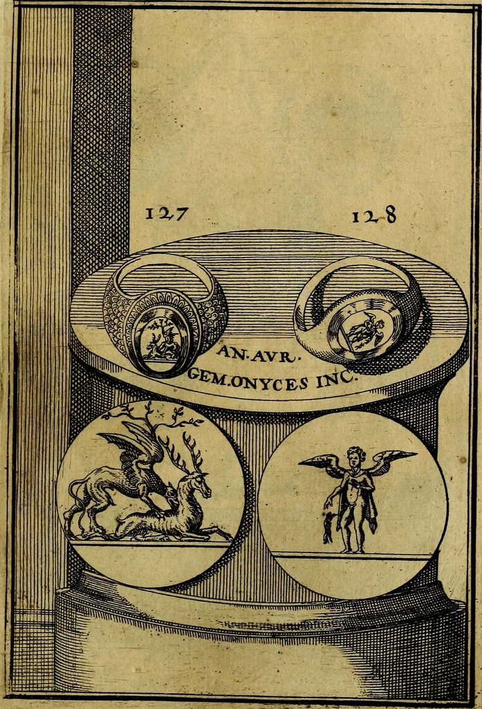 An illustration from Dactyliothecae, seu Annulorum sigillarium quorum priscos tam Graecos quam Romanos usus, ex ferro, aere, argento & auro promptuarii ... Collectis aliunde & ineditis & editis annulorum figuris auctior;, 1695, leaf 218
