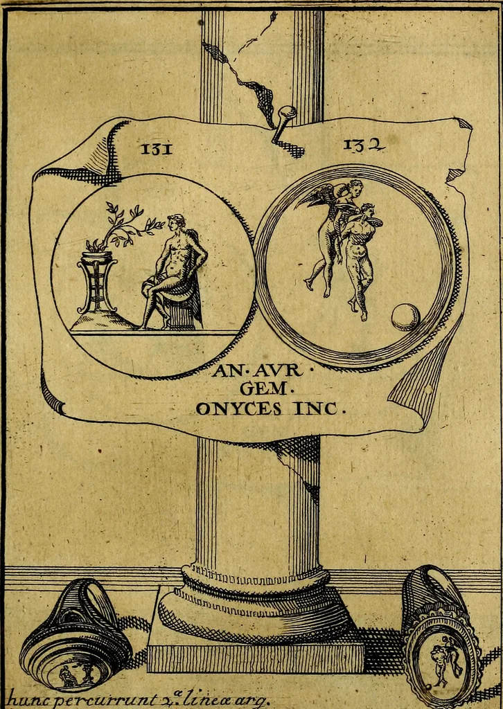 An illustration from Dactyliothecae, seu Annulorum sigillarium quorum priscos tam Graecos quam Romanos usus, ex ferro, aere, argento & auro promptuarii ... Collectis aliunde & ineditis & editis annulorum figuris auctior;, 1695, leaf 222