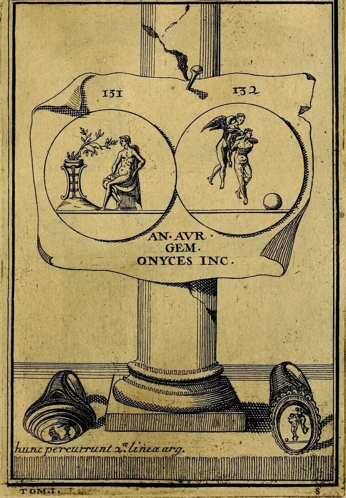 An illustration from Dactyliothecae, seu Annulorum sigillarium quorum priscos tam Graecos quam Romanos usus, ex ferro, aere, argento & auro promptuarii ... Collectis aliunde & ineditis & editis annulorum figuris auctior;, 1695, leaf 224