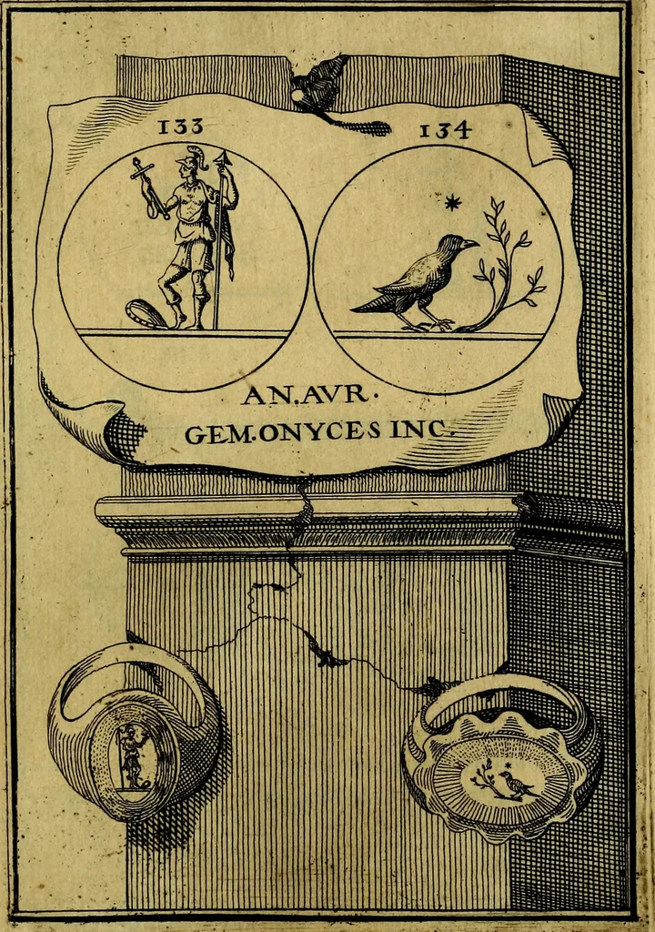 An illustration from Dactyliothecae, seu Annulorum sigillarium quorum priscos tam Graecos quam Romanos usus, ex ferro, aere, argento & auro promptuarii ... Collectis aliunde & ineditis & editis annulorum figuris auctior;, 1695, leaf 226