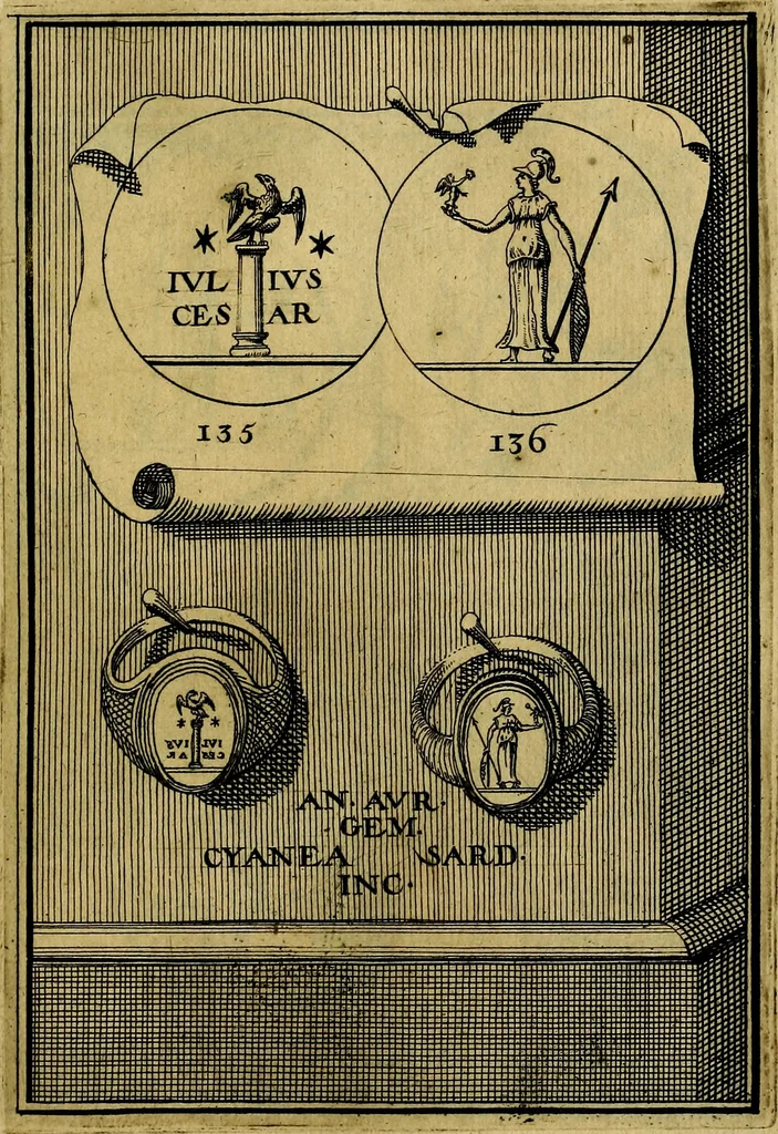 An illustration from Dactyliothecae, seu Annulorum sigillarium quorum priscos tam Graecos quam Romanos usus, ex ferro, aere, argento & auro promptuarii ... Collectis aliunde & ineditis & editis annulorum figuris auctior;, 1695, leaf 228