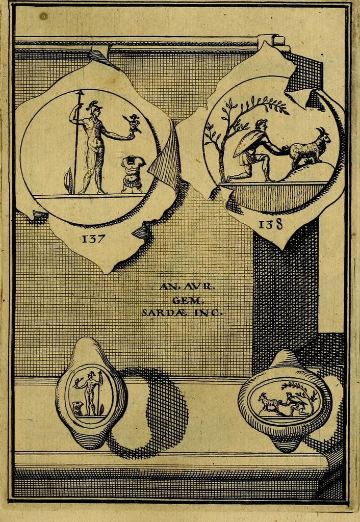 An illustration from Dactyliothecae, seu Annulorum sigillarium quorum priscos tam Graecos quam Romanos usus, ex ferro, aere, argento & auro promptuarii ... Collectis aliunde & ineditis & editis annulorum figuris auctior;, 1695, leaf 230