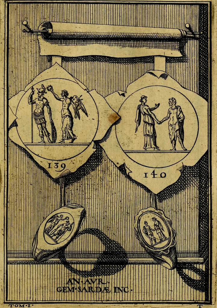 An illustration from Dactyliothecae, seu Annulorum sigillarium quorum priscos tam Graecos quam Romanos usus, ex ferro, aere, argento & auro promptuarii ... Collectis aliunde & ineditis & editis annulorum figuris auctior;, 1695, leaf 232