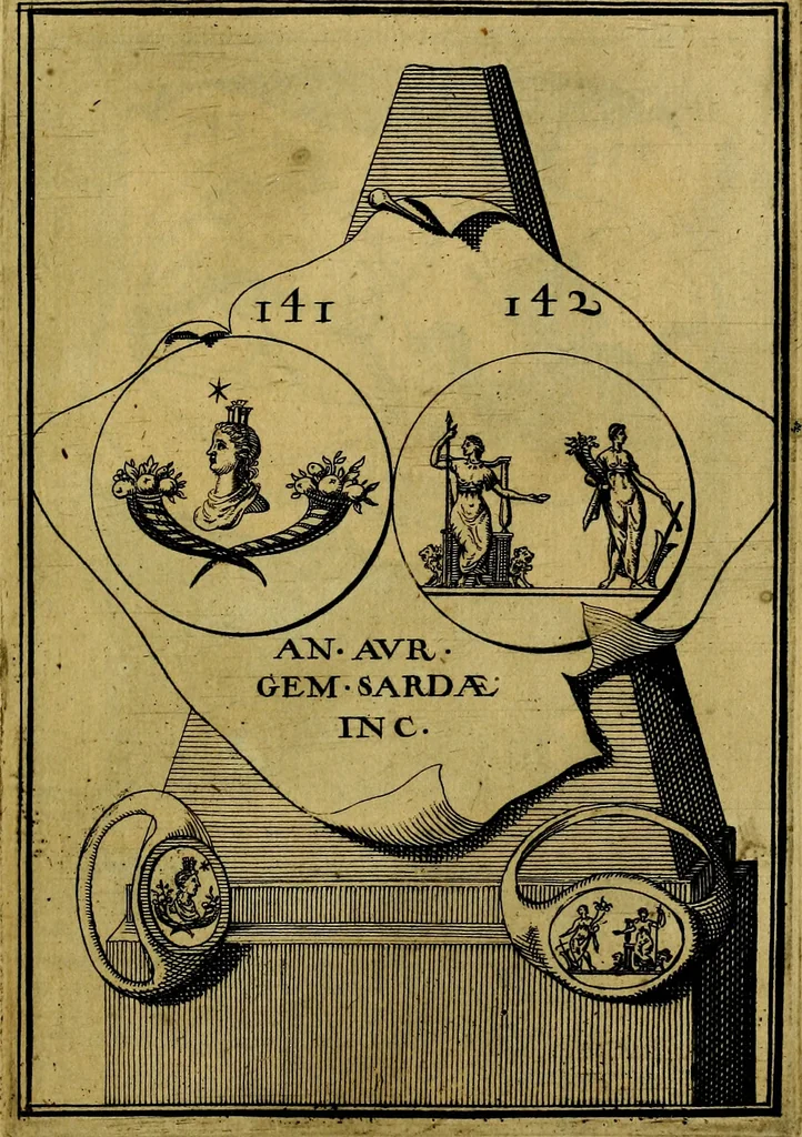 An illustration from Dactyliothecae, seu Annulorum sigillarium quorum priscos tam Graecos quam Romanos usus, ex ferro, aere, argento & auro promptuarii ... Collectis aliunde & ineditis & editis annulorum figuris auctior;, 1695, leaf 234