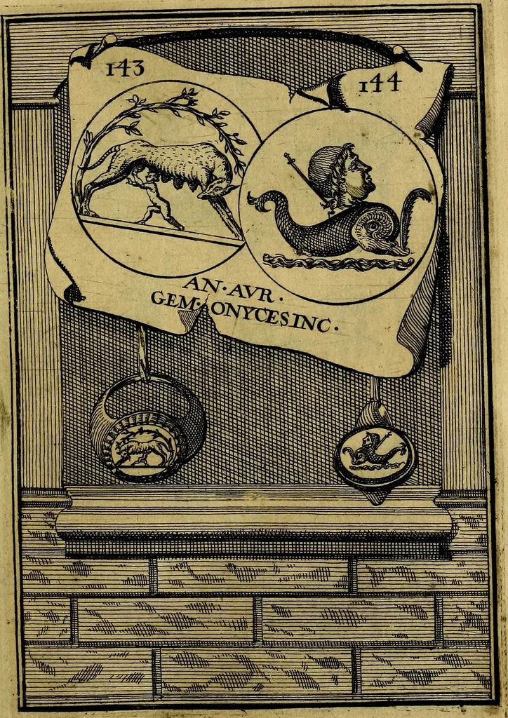 An illustration from Dactyliothecae, seu Annulorum sigillarium quorum priscos tam Graecos quam Romanos usus, ex ferro, aere, argento & auro promptuarii ... Collectis aliunde & ineditis & editis annulorum figuris auctior;, 1695, leaf 236