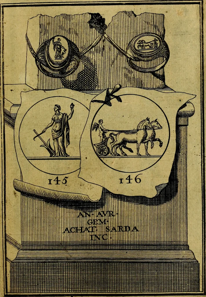 An illustration from Dactyliothecae, seu Annulorum sigillarium quorum priscos tam Graecos quam Romanos usus, ex ferro, aere, argento & auro promptuarii ... Collectis aliunde & ineditis & editis annulorum figuris auctior;, 1695, leaf 238