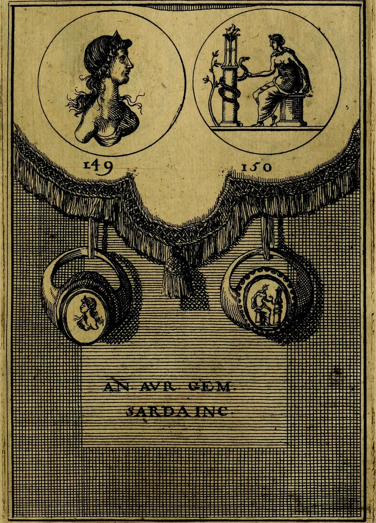 An illustration from Dactyliothecae, seu Annulorum sigillarium quorum priscos tam Graecos quam Romanos usus, ex ferro, aere, argento & auro promptuarii ... Collectis aliunde & ineditis & editis annulorum figuris auctior;, 1695, leaf 242