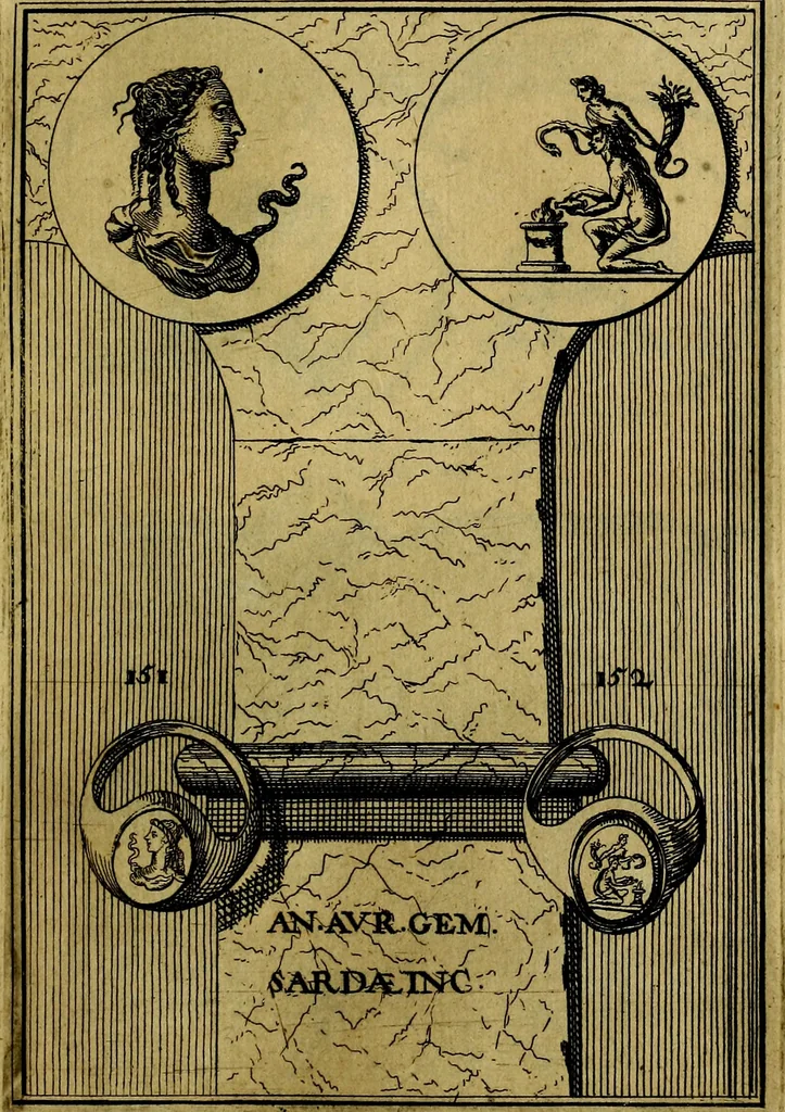 An illustration from Dactyliothecae, seu Annulorum sigillarium quorum priscos tam Graecos quam Romanos usus, ex ferro, aere, argento & auro promptuarii ... Collectis aliunde & ineditis & editis annulorum figuris auctior;, 1695, leaf 244