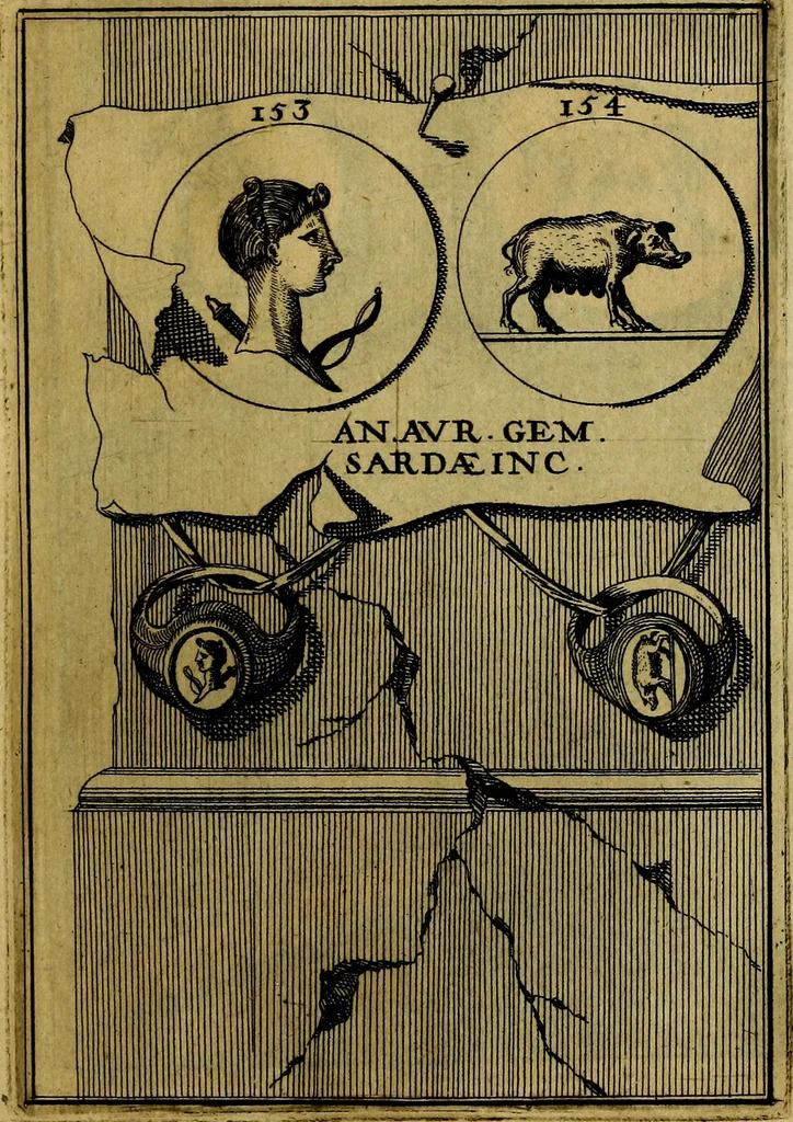 An illustration from Dactyliothecae, seu Annulorum sigillarium quorum priscos tam Graecos quam Romanos usus, ex ferro, aere, argento & auro promptuarii ... Collectis aliunde & ineditis & editis annulorum figuris auctior;, 1695, leaf 246