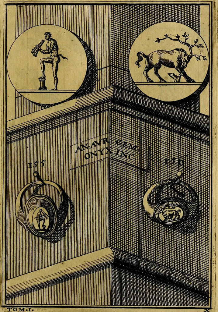 An illustration from Dactyliothecae, seu Annulorum sigillarium quorum priscos tam Graecos quam Romanos usus, ex ferro, aere, argento & auro promptuarii ... Collectis aliunde & ineditis & editis annulorum figuris auctior;, 1695, leaf 248
