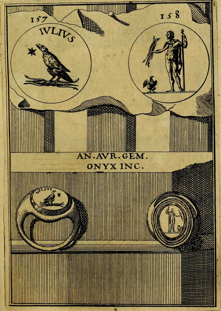 An illustration from Dactyliothecae, seu Annulorum sigillarium quorum priscos tam Graecos quam Romanos usus, ex ferro, aere, argento & auro promptuarii ... Collectis aliunde & ineditis & editis annulorum figuris auctior;, 1695, leaf 250