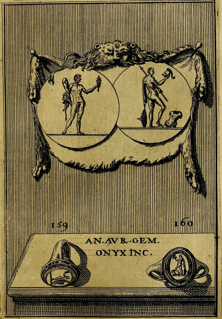 An illustration from Dactyliothecae, seu Annulorum sigillarium quorum priscos tam Graecos quam Romanos usus, ex ferro, aere, argento & auro promptuarii ... Collectis aliunde & ineditis & editis annulorum figuris auctior;, 1695, leaf 252