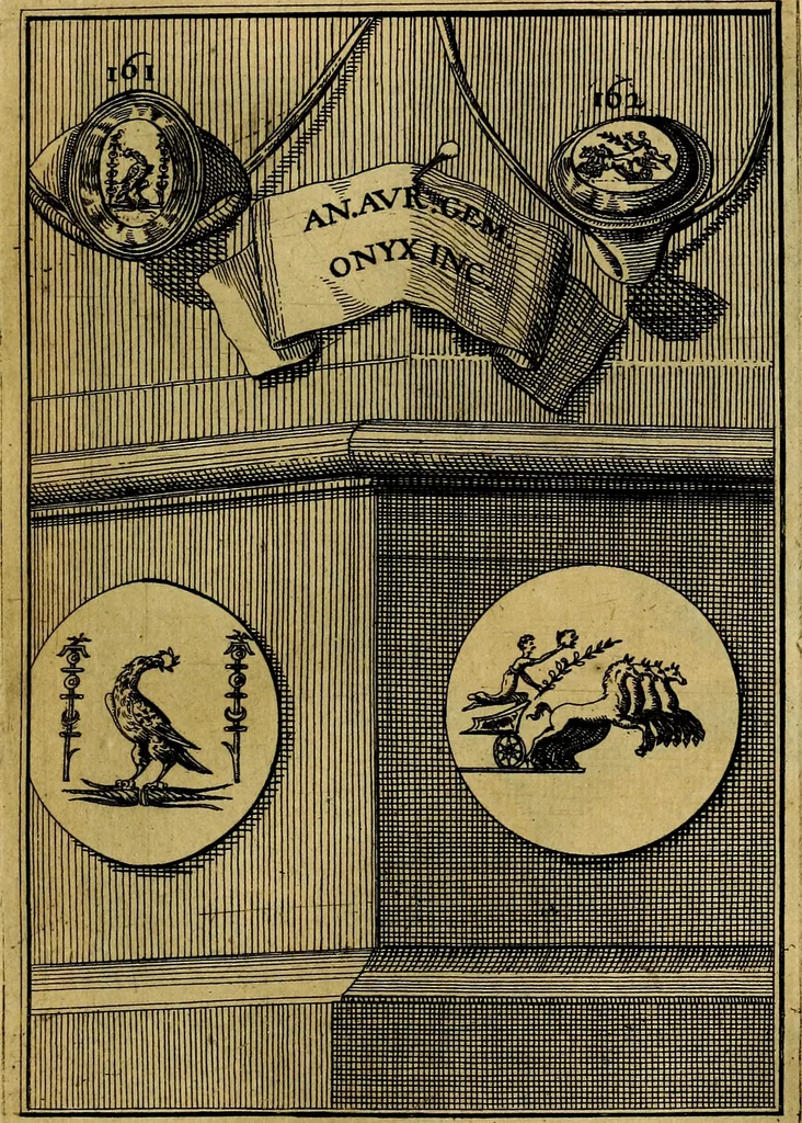 An illustration from Dactyliothecae, seu Annulorum sigillarium quorum priscos tam Graecos quam Romanos usus, ex ferro, aere, argento & auro promptuarii ... Collectis aliunde & ineditis & editis annulorum figuris auctior;, 1695, leaf 254