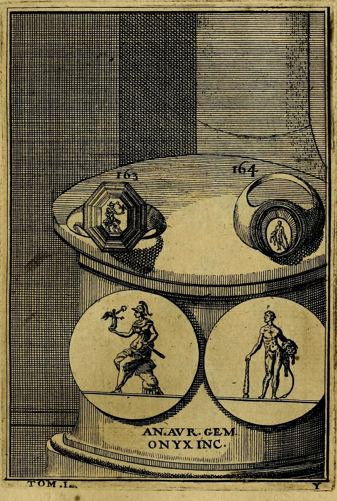 An illustration from Dactyliothecae, seu Annulorum sigillarium quorum priscos tam Graecos quam Romanos usus, ex ferro, aere, argento & auro promptuarii ... Collectis aliunde & ineditis & editis annulorum figuris auctior;, 1695, leaf 256
