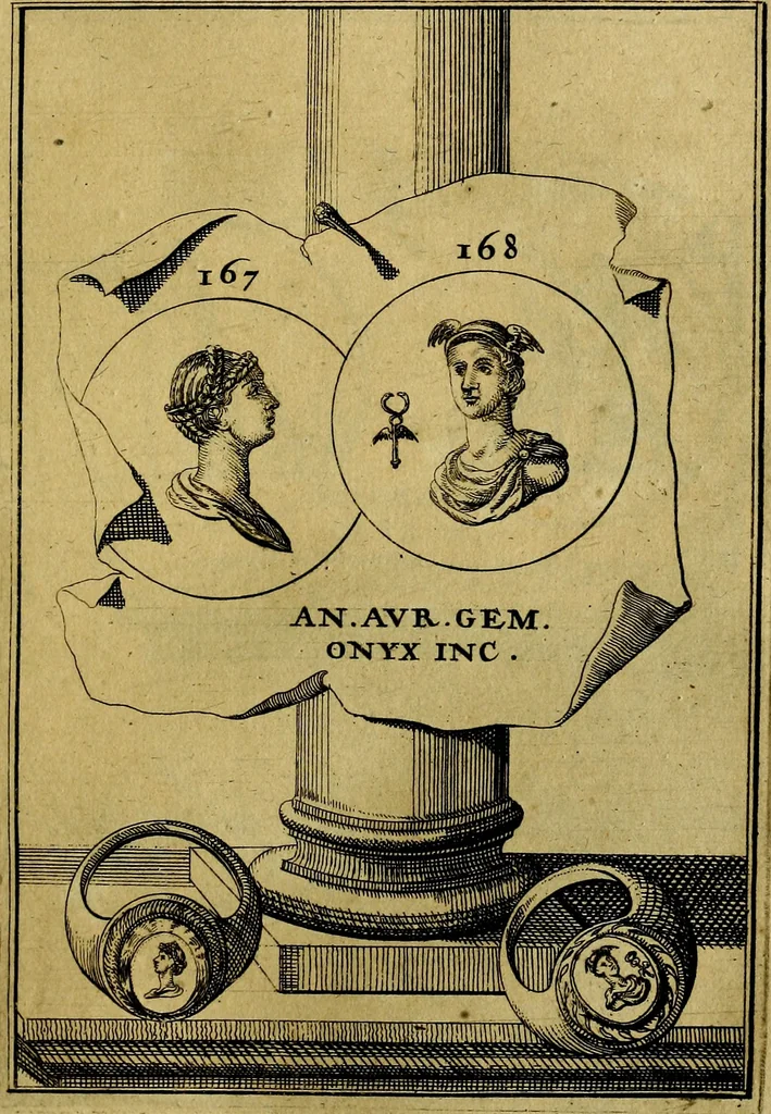 An illustration from Dactyliothecae, seu Annulorum sigillarium quorum priscos tam Graecos quam Romanos usus, ex ferro, aere, argento & auro promptuarii ... Collectis aliunde & ineditis & editis annulorum figuris auctior;, 1695, leaf 260