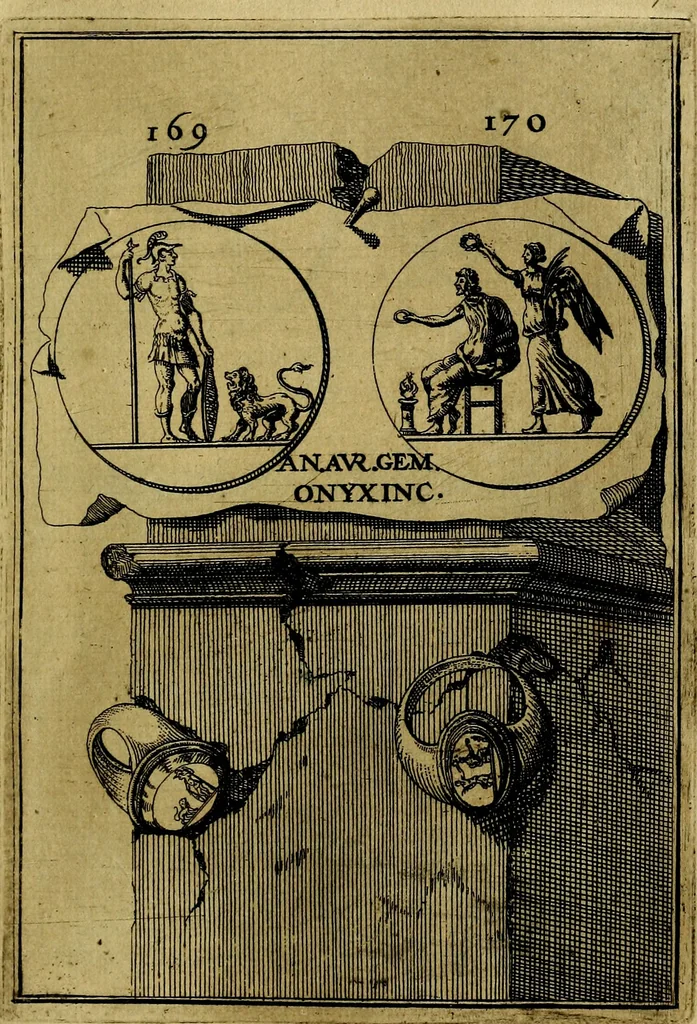 An illustration from Dactyliothecae, seu Annulorum sigillarium quorum priscos tam Graecos quam Romanos usus, ex ferro, aere, argento & auro promptuarii ... Collectis aliunde & ineditis & editis annulorum figuris auctior;, 1695, leaf 262