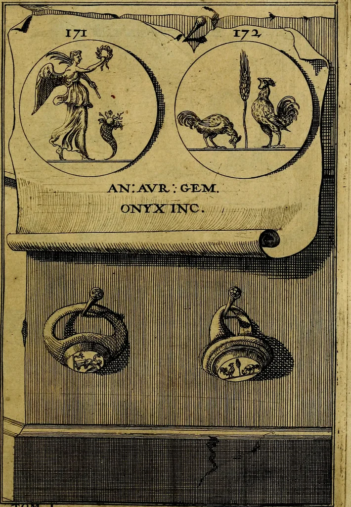 An illustration from Dactyliothecae, seu Annulorum sigillarium quorum priscos tam Graecos quam Romanos usus, ex ferro, aere, argento & auro promptuarii ... Collectis aliunde & ineditis & editis annulorum figuris auctior;, 1695, leaf 264