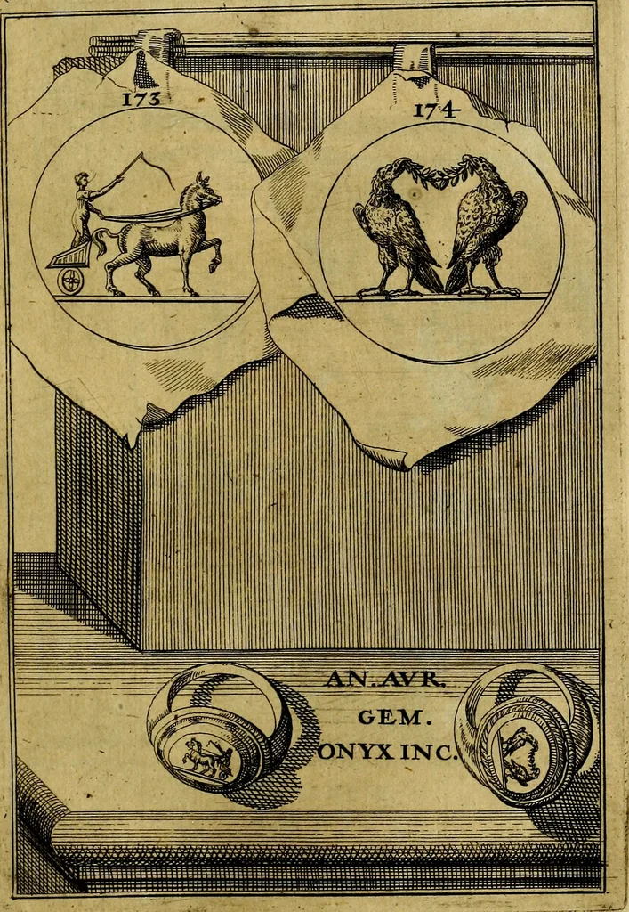 An illustration from Dactyliothecae, seu Annulorum sigillarium quorum priscos tam Graecos quam Romanos usus, ex ferro, aere, argento & auro promptuarii ... Collectis aliunde & ineditis & editis annulorum figuris auctior;, 1695, leaf 266