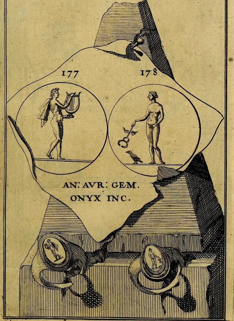 An illustration from Dactyliothecae, seu Annulorum sigillarium quorum priscos tam Graecos quam Romanos usus, ex ferro, aere, argento & auro promptuarii ... Collectis aliunde & ineditis & editis annulorum figuris auctior;, 1695, leaf 270
