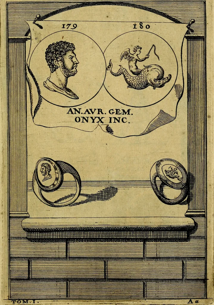 An illustration from Dactyliothecae, seu Annulorum sigillarium quorum priscos tam Graecos quam Romanos usus, ex ferro, aere, argento & auro promptuarii ... Collectis aliunde & ineditis & editis annulorum figuris auctior;, 1695, leaf 272