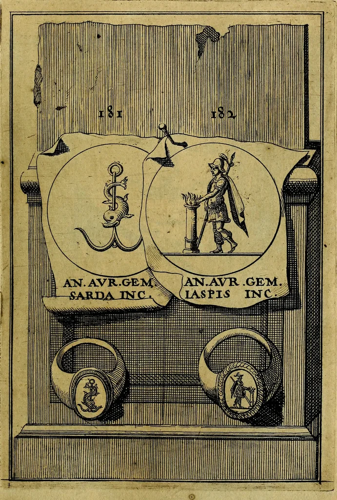 An illustration from Dactyliothecae, seu Annulorum sigillarium quorum priscos tam Graecos quam Romanos usus, ex ferro, aere, argento & auro promptuarii ... Collectis aliunde & ineditis & editis annulorum figuris auctior;, 1695, leaf 274