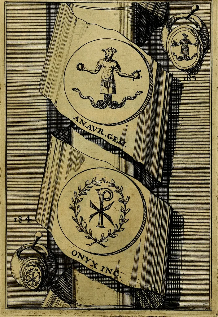 An illustration from Dactyliothecae, seu Annulorum sigillarium quorum priscos tam Graecos quam Romanos usus, ex ferro, aere, argento & auro promptuarii ... Collectis aliunde & ineditis & editis annulorum figuris auctior;, 1695, leaf 276